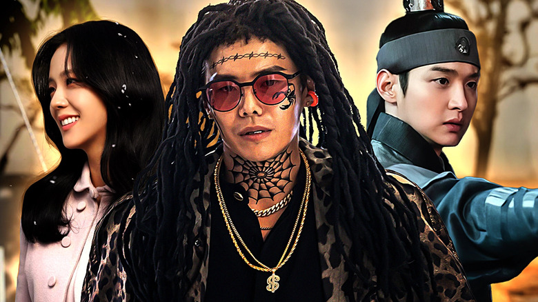 A collage of Eun Yeong-ro (Jisoo) in Snowdrop, Prince Chungnyung (Jang Dong-yoon) in Joseon Exorcist, and Alex Lee (Park Eun-suk) in The Penthouse: War in Life