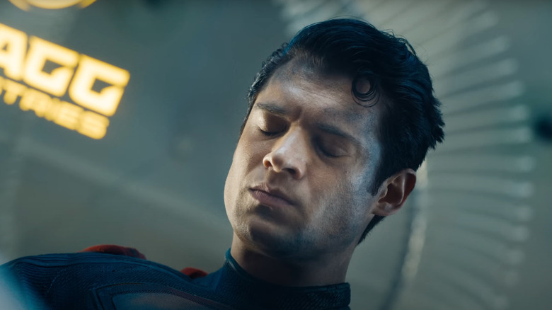David Corenswet as Superman looking serious with his eyes closed in Superman (2025)