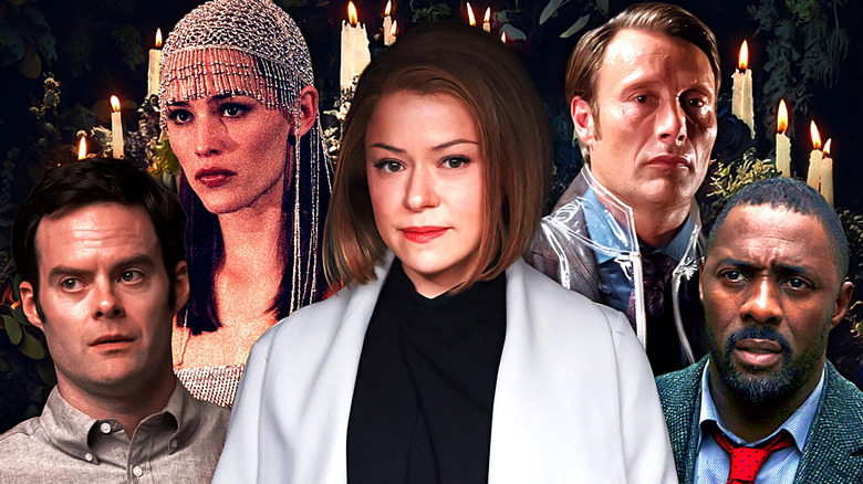 Composite image of Bill Hader as Barry in Barry, Jennifer Garner as Syndey Bristow in Alias, Tatiana Maslany as Rachel Duncan in Oprhan Black, Mads Mikkelsen as Hannibal Lecter in Hannibal, and Idris Elba as John Luther in Luther