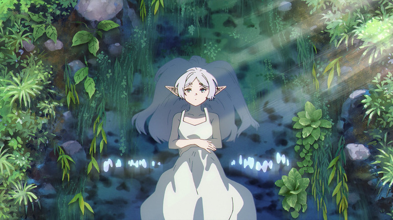Frieren floating in a stream in Frieren: Beyond Journey's End