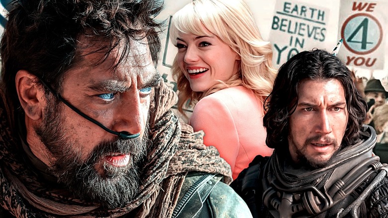 Composite image of Javier Bardem with blue eyes and oxygen line in nose in Dune, Emma Stone with blonde hair and bangs, and Adam Driver in futuristic black suit in 65