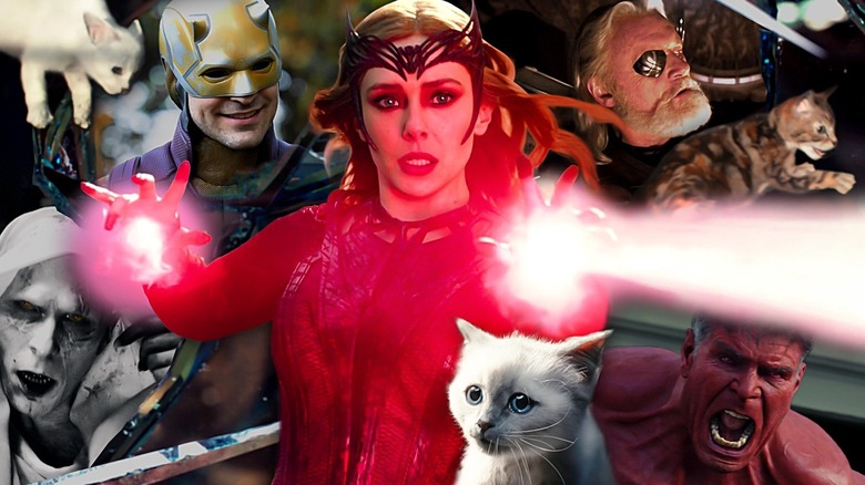 Elizabeth Olsen as the Scarlet Witch using magic in Multivers of Madness surrounded by Charlie Cox as Daredevil in She-Hulk, Anthony Hopkins as Odin in Thor, Christian Bale as Gorr in Thor Love and Thunder, and Harrison Ford as Red Hulk in Captain America Brave New World, with Flerkens from The Marvels floating in the air