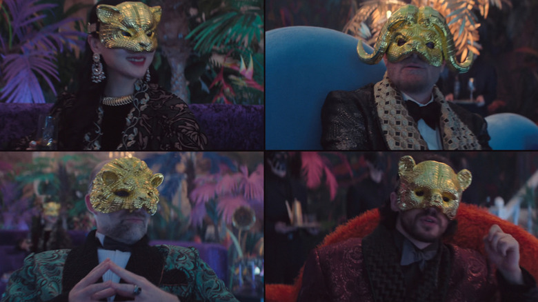 Squid Game, season 3, a split-screen shot of four VIPs debating over whether they should put the baby in the game