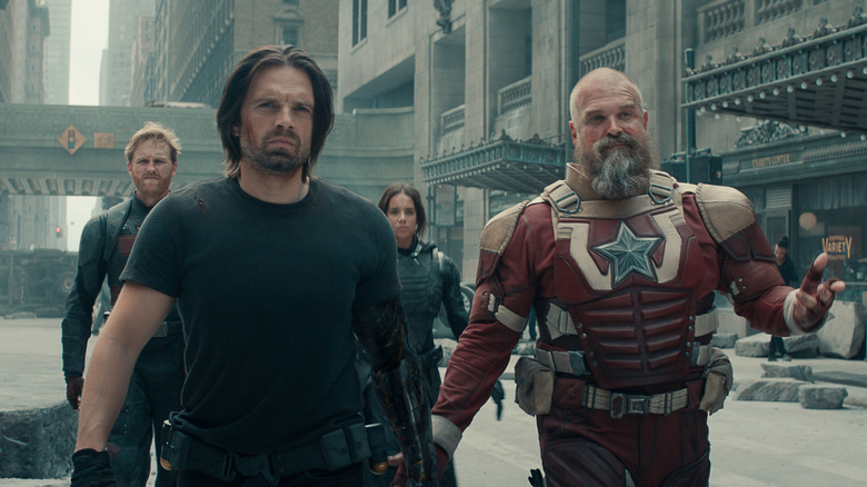 Bucky, Red Guardian, John Walker, and Ghost walking down New York City in Thunderbolts*