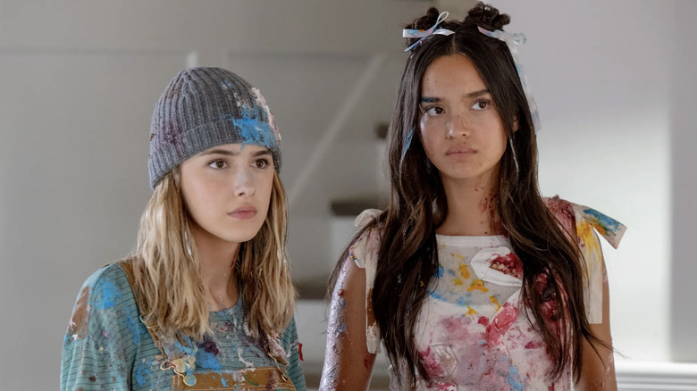 Julia Butters as Harper and Sophia Hammons as Lily with food fight mess clothes in Freakier Friday