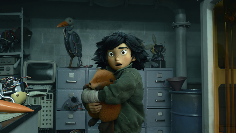 Piper Curda as the voice of Mabel in human form hugging a beaver in Hoppers